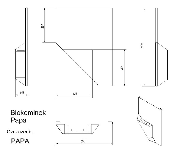 Схема и размеры биокамина Papa