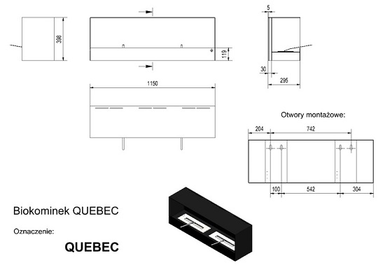 Схема и размеры биокамина Quebec