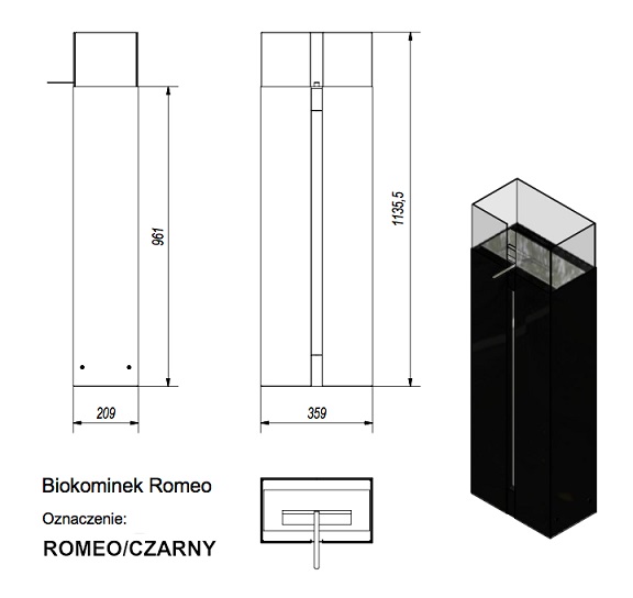 Схема и размеры биокамина Romeo
