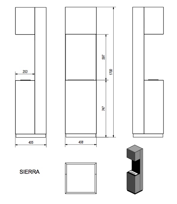 Схема и размеры биокамина Sierra Kratki